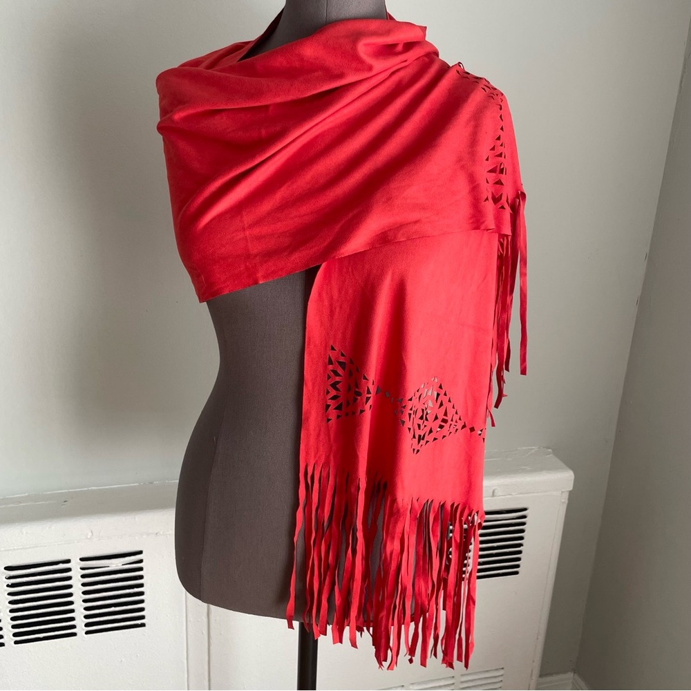 Red laser cut detailed scarf with fringe